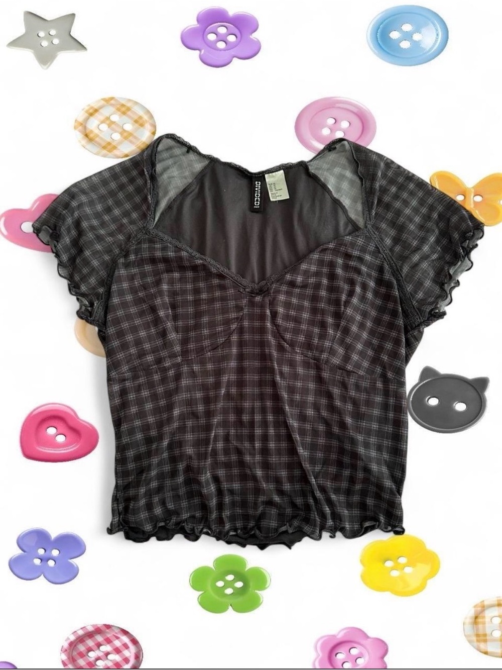 H&M Black Plaid Short Sleeve Sweetheart Crop Top